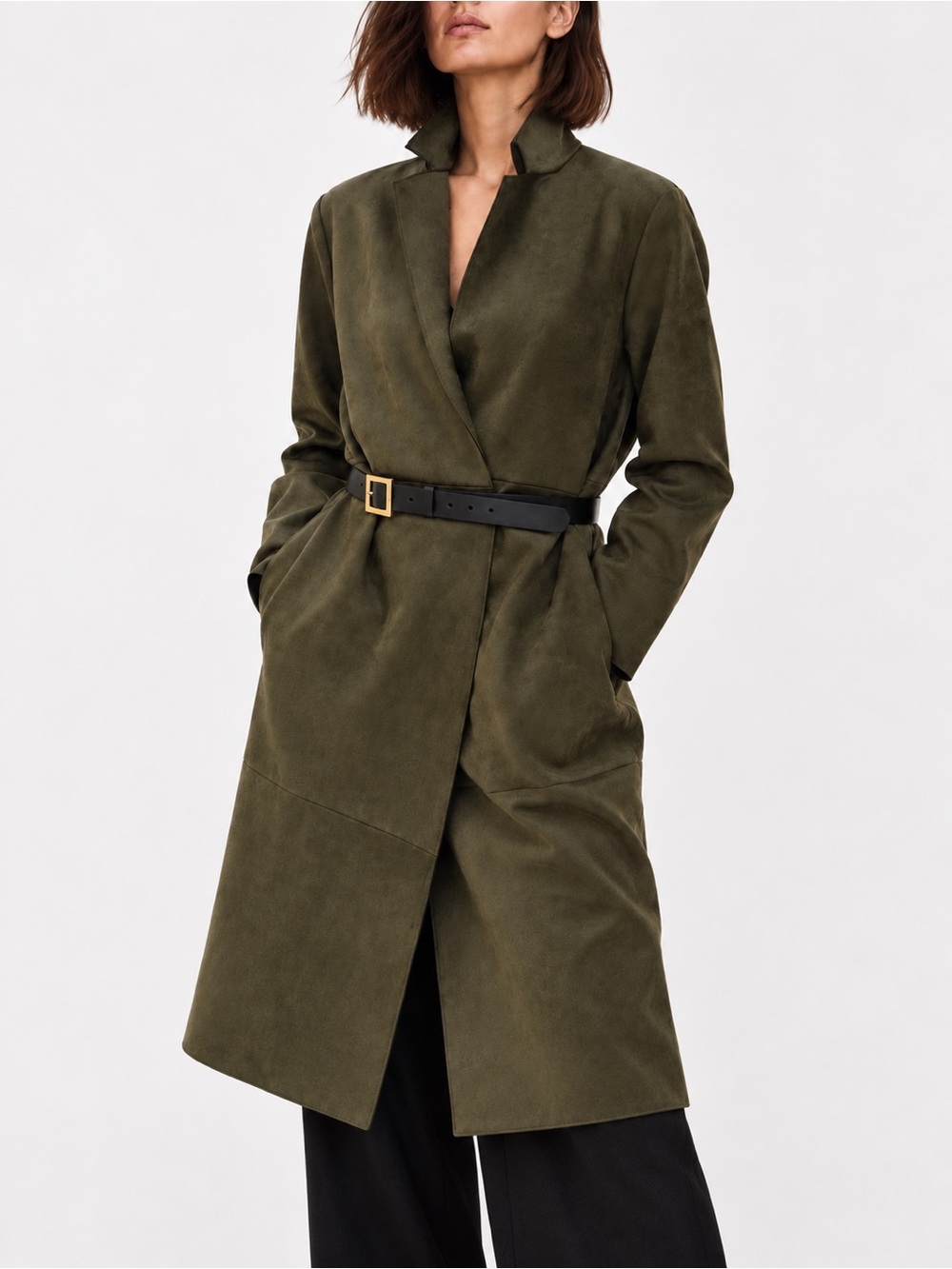 Zara Olive Green Faux Suede Longline Duster Trench Coat Jacket Size S Minimalist